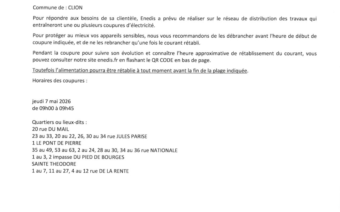 Coupure de Courant le 7 mai 2026