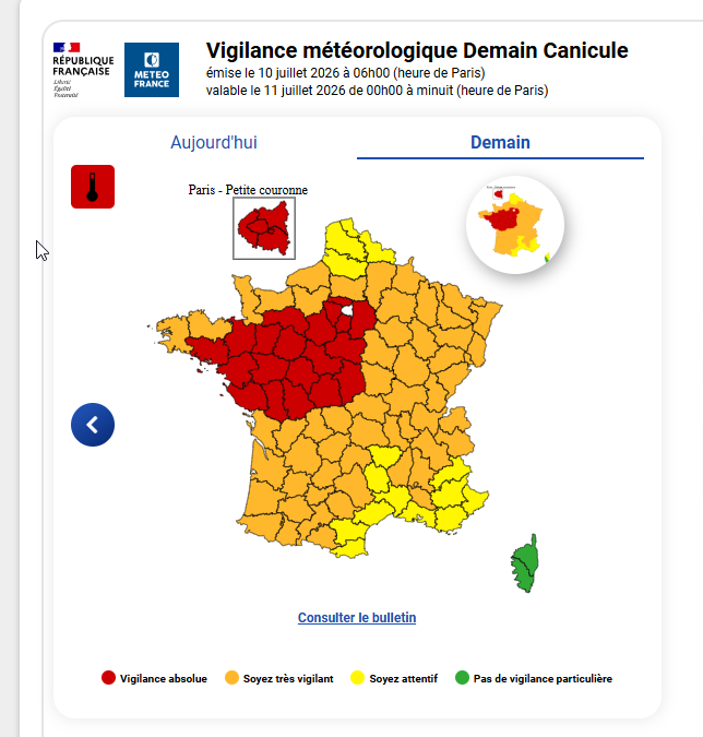 ALERTE VIGILANCE ROUGE CANICULE – A PARTIR DE DEMAIN (11/07/2026)